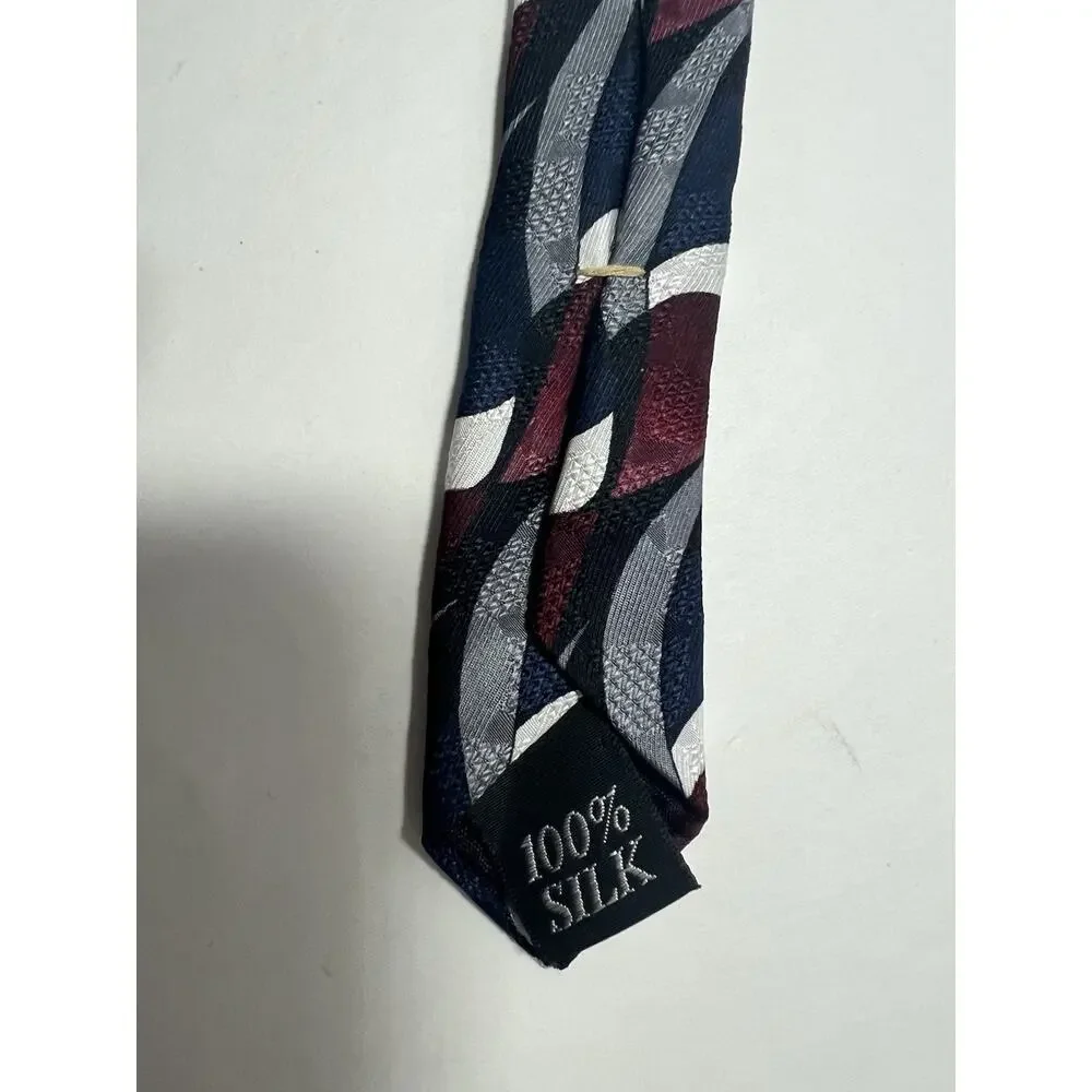 Oscar de la Renta Mens Silk Tie Navy Burgundy Silver White Abstract Wave Pattern